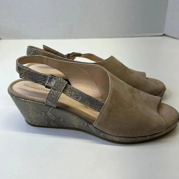 BeautiFeel Gwen Wedge Sandals Open Toe Shoes Ankle Strap Suede Tan Snake 41 10.5 - Picture 5 of 11
